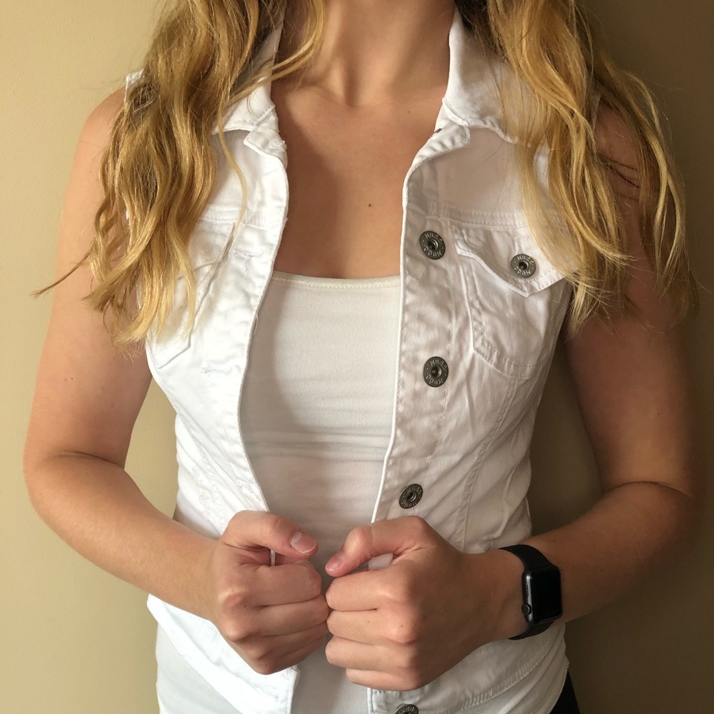 White jean jacket with lace back